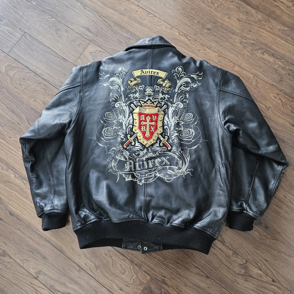 Vintage Avirex Leather Varsity Jacket XL Crest Graphic Bomber Quilted Lined Y2K